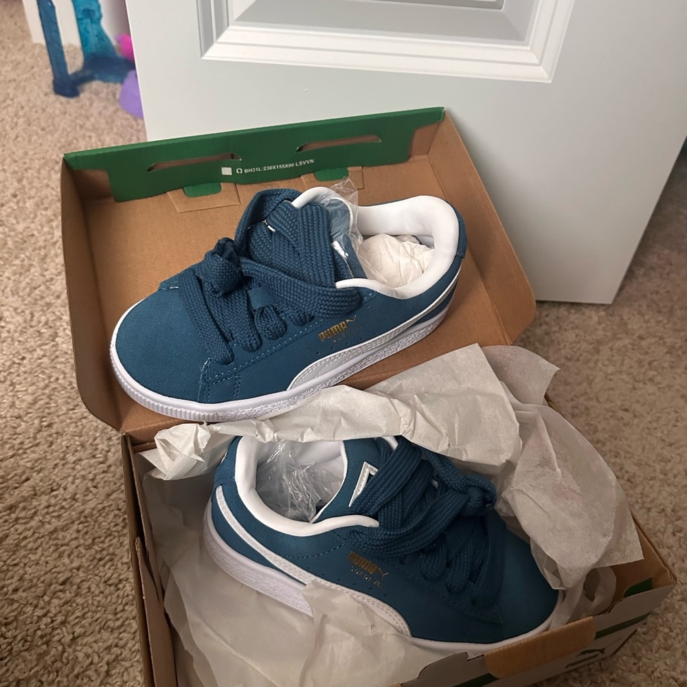 Puma Blue and White Sneakers with Suede Upper